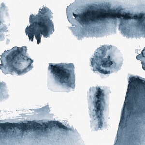 May include: A collection of abstract watercolor brushstrokes in shades of blue. The brushstrokes are various shapes and sizes, creating a dynamic and artistic composition.