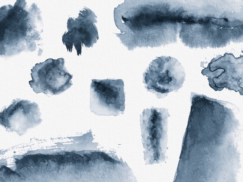 May include: A collection of abstract watercolor brushstrokes in shades of blue. The brushstrokes are various shapes and sizes, creating a dynamic and artistic composition.