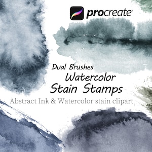 May include: Abstract watercolor and ink stain stamps for digital art.  These digital brushes are perfect for creating unique backgrounds and textures.  Dual Brushes Watercolor Stain Stamps.  Procreate.