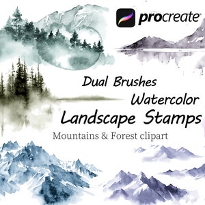 Procreate Landscape Stamps doppi pennelli, montagna, cima innevata, foresta, scene nebbiose, pino, francobolli