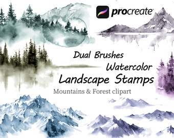 Procreate Landschaftsstempel, Berg, Schneespitze, Wald, neblige Szenen, Kiefer, Briefmarken