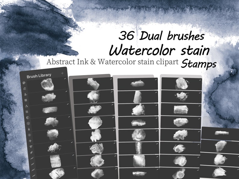 May include: A digital screen showing a library of 36 dual watercolor stain brushes. The brushes are displayed in a grid format with a black background and white brush strokes. The text "36 Dual brushes Watercolor stain Abstract Ink & Watercolor stain clipart Stamps" is displayed at the top of the screen.