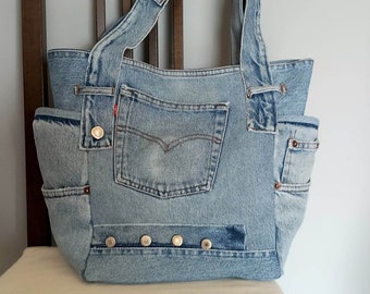 Upcycled Denim Shoulder Bag / Medium Large Tote Handbag / - Etsy