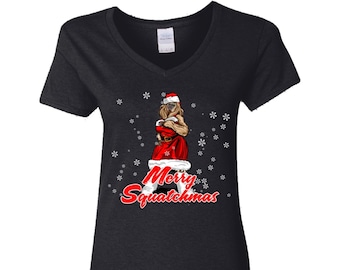 Merry Squatchmas, Bigfoot V-Neck, Bigfoot V-Neck, Sasquatch V-Neck T-Shirt, Bigfoot Clothing, Bigfoot Apparel, Squatchy Clothes