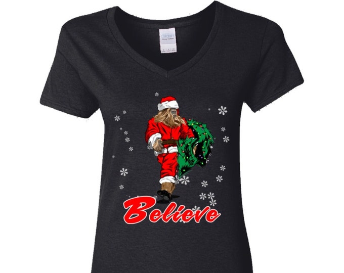 Believe, Bigfoot V-Neck, Bigfoot V-Neck, Sasquatch V-Neck T-Shirt, Bigfoot Clothing, Bigfoot Apparel, Squatchy Clothes