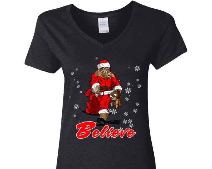 Believe, Bigfoot V-Neck, Bigfoot V-Neck, Sasquatch V-Neck T-Shirt, Bigfoot Clothing, Bigfoot Apparel, Squatchy Clothes