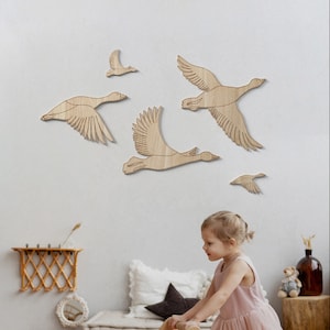 Arte de la pared de madera del vivero, ganso de madera, pájaros de madera para la pared, habitación de los niños de la decoración de madera, arte de la pared de los gansos, pájaros de madera en la pared