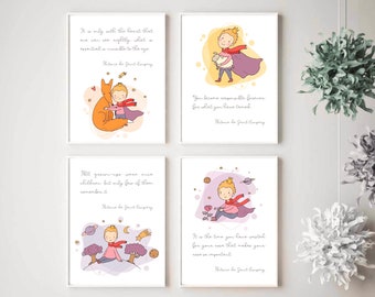 Decoración infantil del Principito: Láminas con frases, set de 4 (descarga digital)