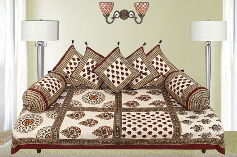 Diwan Set Od 1 Bed Sheet 2 Bloster and 5 Cushion Cover Throw Etsy