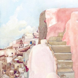 May include: An oil painting depicting a Mediterranean hillside village with a prominent set of stone stairs in the foreground. The scene features pale pink walls, weathered gray steps, and a cluster of white buildings under a soft, light blue sky.
