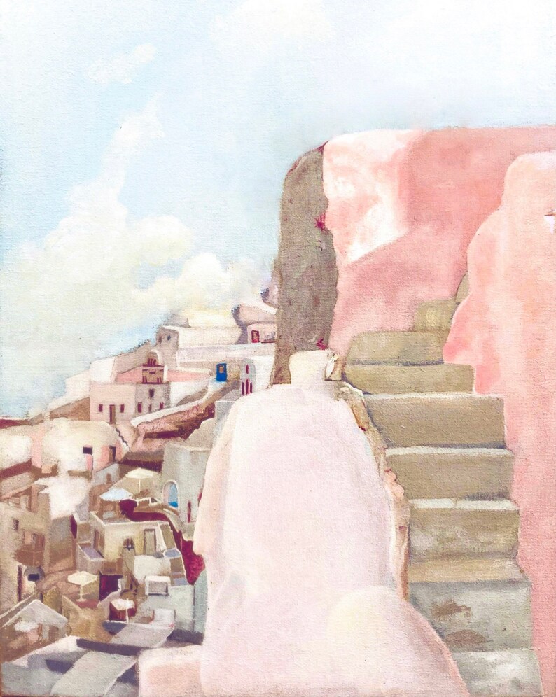 May include: An oil painting depicting a Mediterranean hillside village with a prominent set of stone stairs in the foreground. The scene features pale pink walls, weathered gray steps, and a cluster of white buildings under a soft, light blue sky.