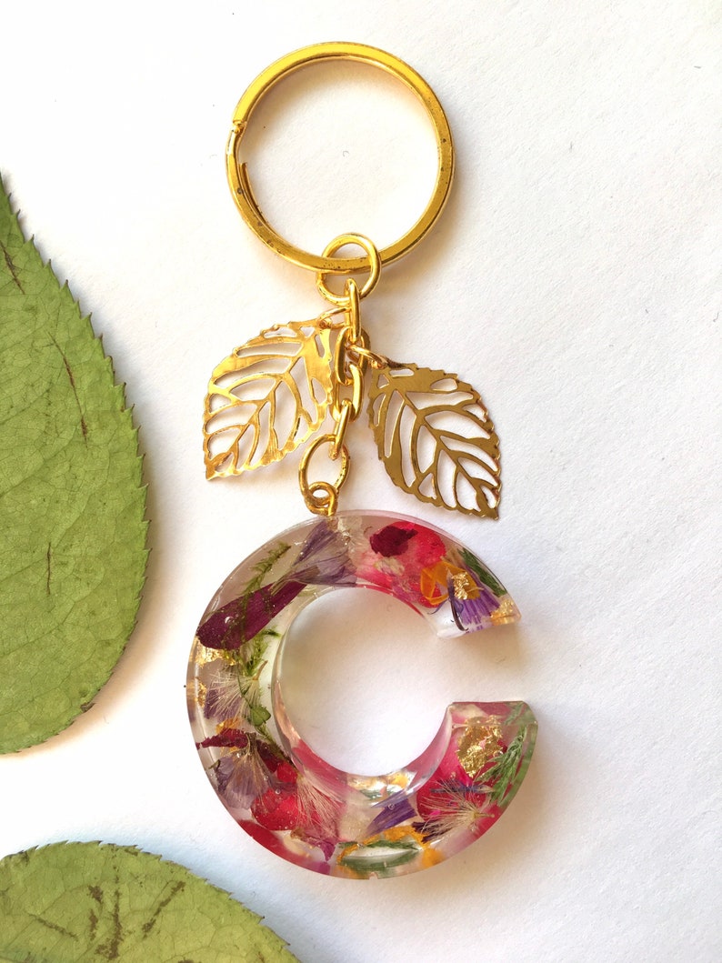 Rose petal key ring Key Chain with free luxury gift-box fern C Letter Custom Name real flower dandelion
