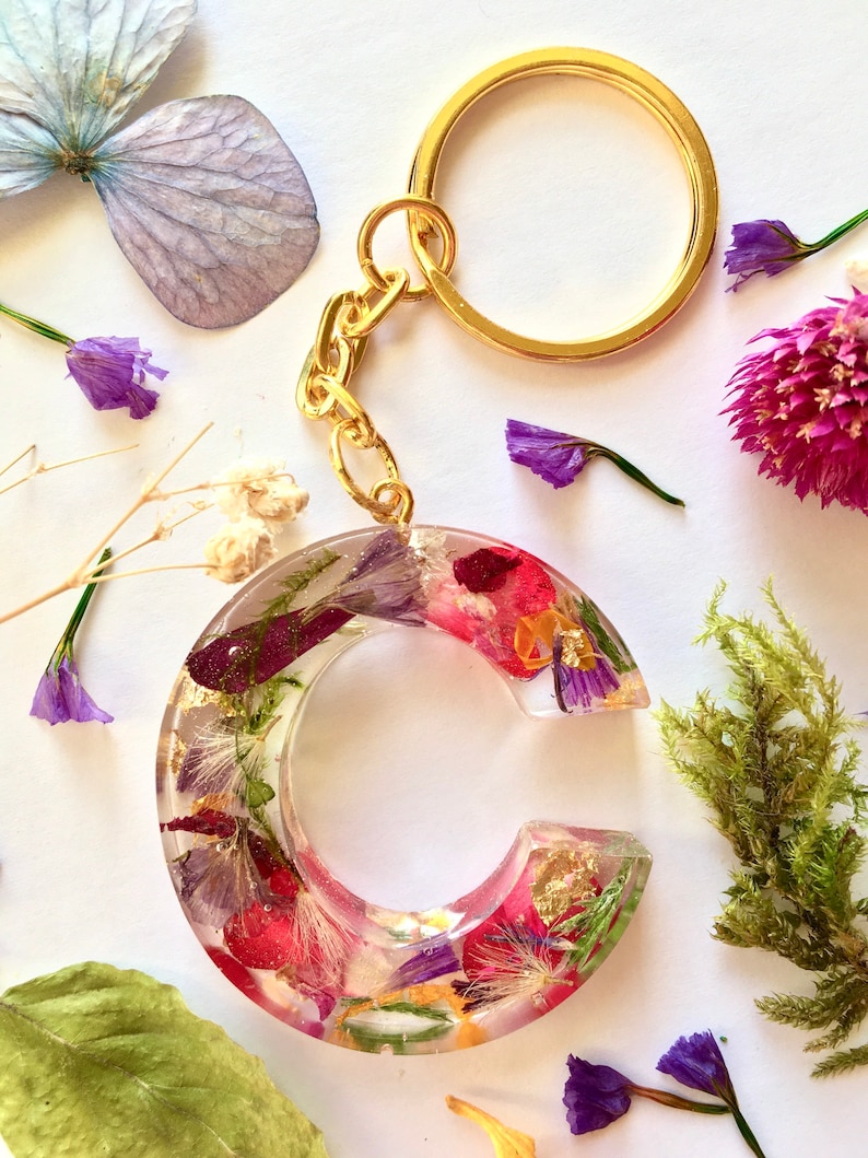 Rose petal key ring Key Chain with free luxury gift-box fern C Letter Custom Name real flower dandelion