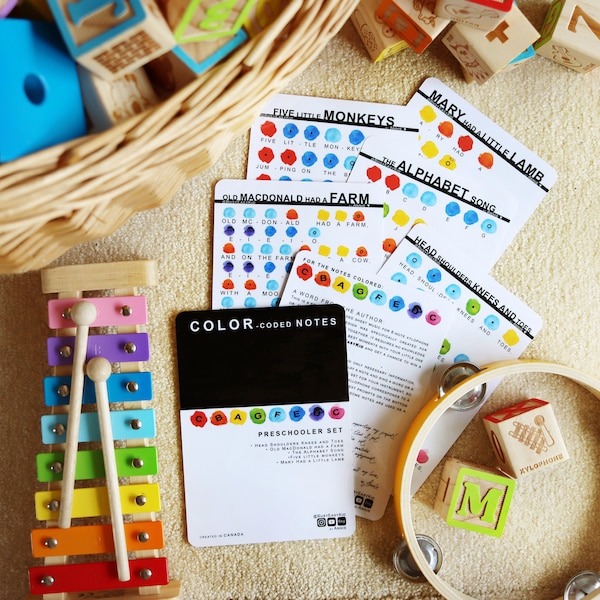 Custom colors - LAMINATED CARDS - Color-coded sheet music for toddlers (xylophone, hand bells, piano) Songs to play for and with kids