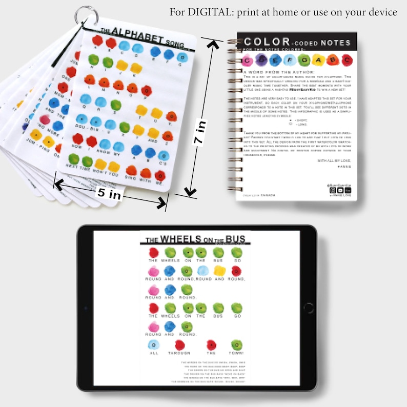 May include: Printable alphabet song flashcards with colorful dots, a color-coded music notes booklet, and a digital tablet displaying the lyrics for "The Wheels on the Bus".