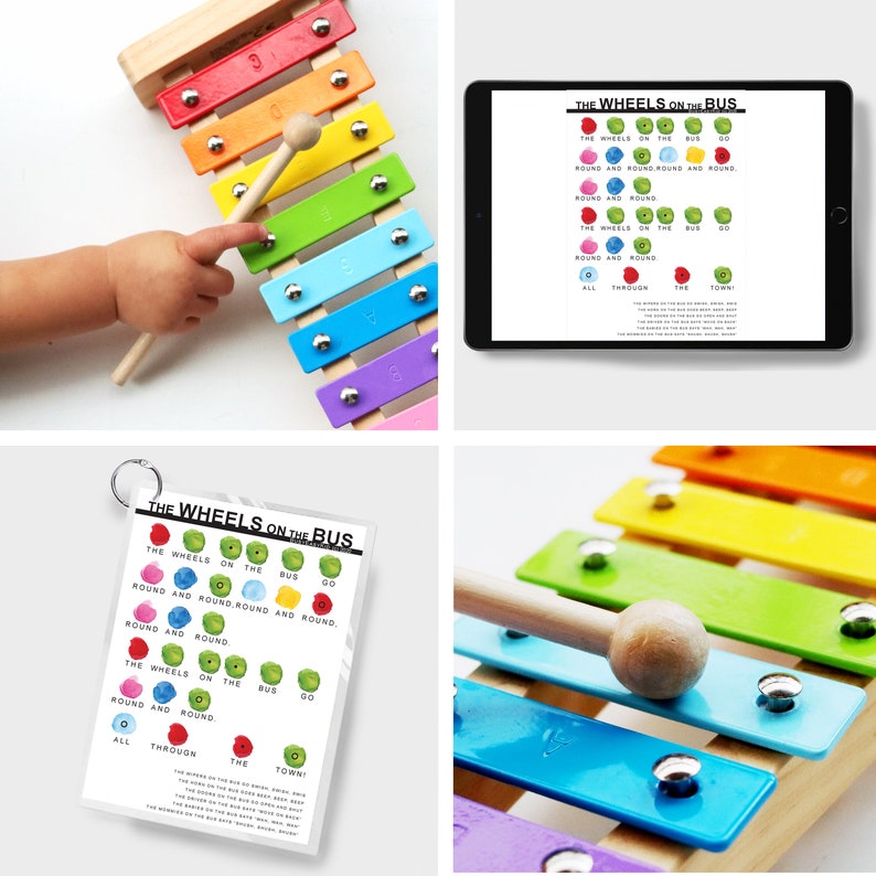May include: A wooden xylophone with colorful keys and a mallet. The xylophone is being played by a child's hand. A digital tablet displays the lyrics to the song "The Wheels on the Bus".