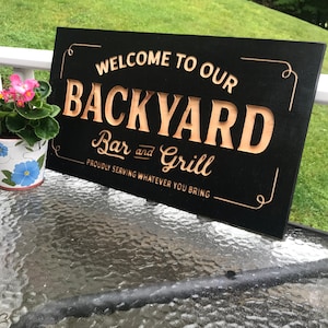 Personalized Backyard Bar and Grill Carved Wooden Sign, Patio Decor