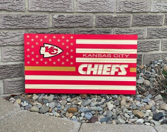 Kansas City Chiefs Wooden Flag, NFL Team Wall Decor, CNC Carved Sign