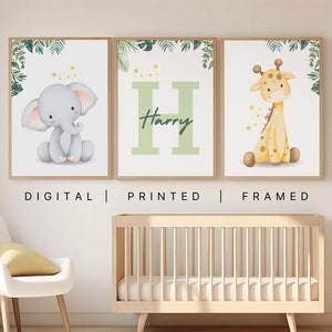 Personalised Safari Animals Nursery Prints & Frames Set of 3 Gift Home Decor Baby Shower Toddler Boy Girl Jungle Name Child Picture Bedroom