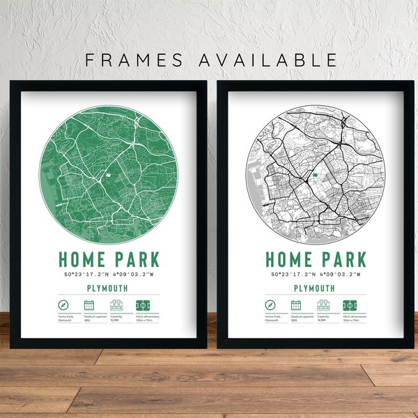 Plymouth Argyle Home Park Minimalist Map Prints & Frames | The Pilgrims F.C. Gift Decor Dad Memorabilia Granddad Uncle Brother Football