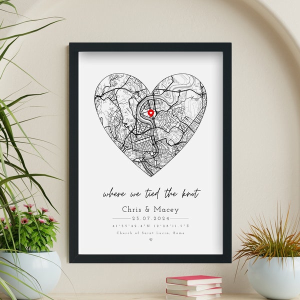 Personalised Wedding Print & Frame Gift | Anniversary Engagement First Date Couple Heart Minimalist Map Home Decor Married Valentines Unique