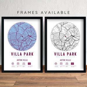 Aston Villa Villa Park Minimalist Map Prints & Frames | Gift Decor Dad Granddad Uncle Brother Football Birmingham Fan For Him Claret Blue