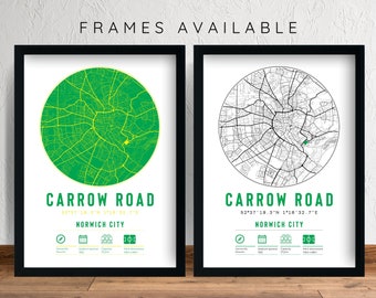 Norwich City FC Carrow Road Stadium Minimalist Map Prints & Frames | Canaries F.C. Gift Decor Dad Granddad Uncle Brother Son Football Him