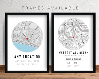 Custom Map Print & Frames | Where We First Met Where It All Began | Personalised Gift Location Home Wedding Anniversary Him Her Valentines