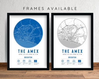 Brighton & Hove Albion F.C. The Amex Minimalist Map Prints with Frames | Gift Decor Football FC Dad Granddad Brother Seagulls Stadium Him