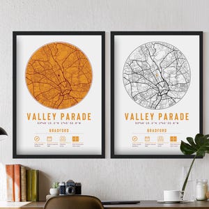Bradford City FC Valley Parade minimalistische kaartafdrukken en frames | The Bantams F.C. Memorabilia Cadeau Decor Vader Opa Oom Broer Voetbal