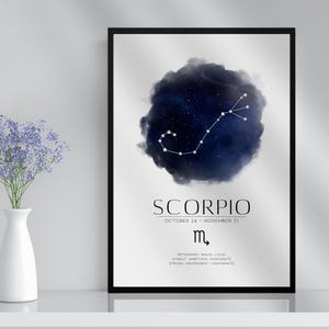 Cadeau impression et cadre constellation du signe astrologique du Scorpion | Astronomie, astrologie, zodiaque, étoiles, art, décoration murale, pour, elle, lui, petit ami, petite amie, bohème