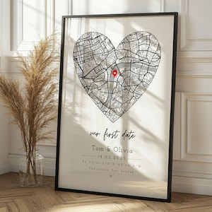 Impresión de mapa personalizado en forma de corazón para parejas / Regalo enmarcado personalizado para San Valentín