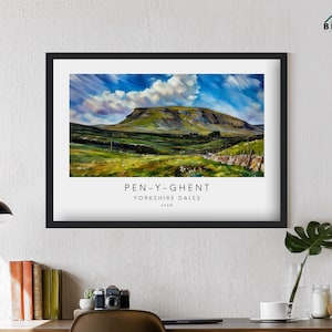 Pen-y-ghent Yorkshire 3 Peaks Artwork Print & Frame Gift Three Walk Hike Present Whernside Ingleborough Painting Drawing Y3P Challenge Dales
