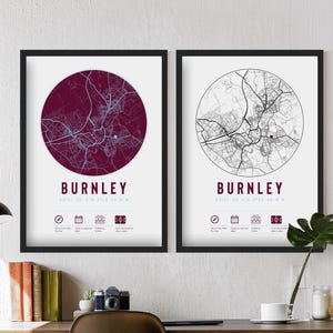 Burnley FC Impressions et cadres de carte minimalistes de Turf Moor | Décoration cadeau bordeaux papa papa oncle frère fils football pour lui elle