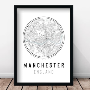 Manchester hochdetaillierte minimalistische Stadt Karte Print & Rahmen | Schenken Sie Ihm Ihr Schwarz Weiß Grau Traveller Wohnkultur England UK Design Urlaub