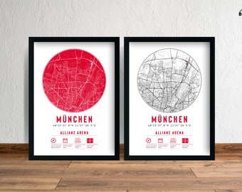 Bayern München Allianz Arena Minimalistische Karten-Drucke & Rahmen Map Print Rahmen Geschenk Gift Decor Fußball