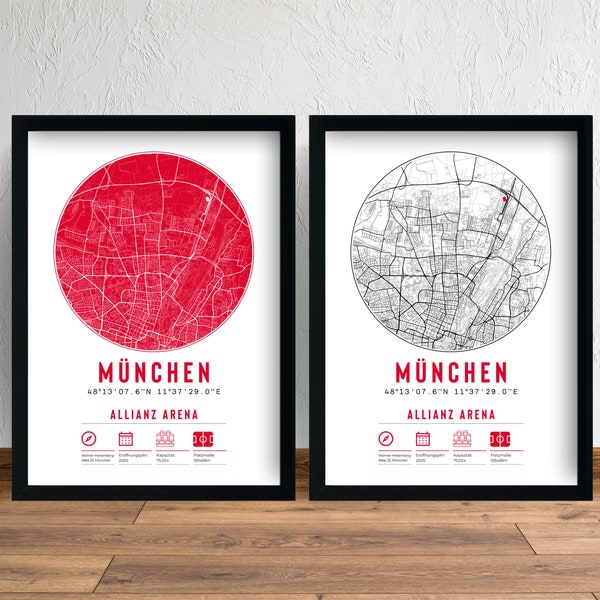 FC Bayern München Bayern Munich Allianz Arena Minimalistische Karten-Drucke & Rahmen Map Print Frame Geschenk Gift Decor Bundesliga Fußball