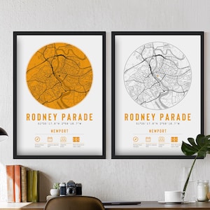 A.F.C. du comté de Newport Impressions et cadres de carte minimalistes Rodney Parade | Décoration cadeau souvenirs Ironsides papa grand-père oncle frère football
