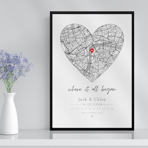 Cadeau personnalisé avec impression carte coeur et cadre pour couple | Là où tout a commencé Première rencontre Petit ami Petite amie Anniversaire Épouse Mari