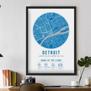 Impression de carte du stade des Lions de Détroit, cadeau encadré unique | Pour lui papa frère grand-père oncle affiche de football américain déco