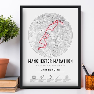 Mapa de ruta personalizado para el finalista del Maratón de Manchester 2025, impresión y marco, regalo para el corredor, póster de celebración, medalla del recorrido.