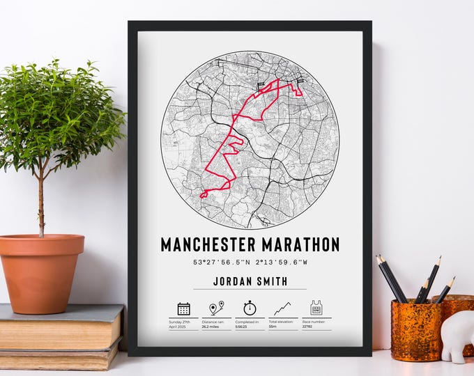 Impression et cadre de la carte du circuit pour finisseur personnalisé du marathon de Manchester 2025
