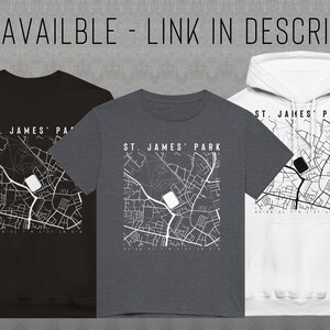 May include: Three different styles of shirts featuring a black and white map of St. James' Park. The shirts are a black sweatshirt, a heather grey t-shirt, and a white hoodie.