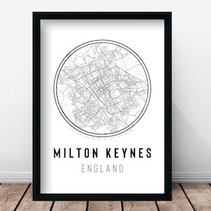 Milton Keynes High Detail Minimalist City Map Print & Frames | Gift Him Her Black White Grey Traveller Home Decor England UK Design Holiday
