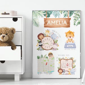 Personalisierte Safari Geburtsdaten & benutzerdefinierte Karte Kinderzimmer Druck Geschenk | Info Details Infografik Baby Junge Mädchen Dschungel Name Kind Schlafzimmer Tier