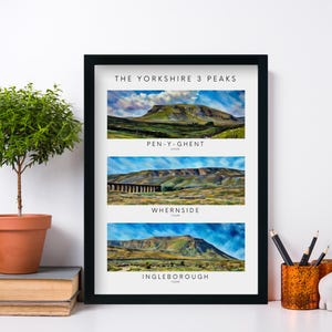 Yorkshire 3 Peaks Artwork Print & Frame Gift | Three Walk Hike Present Pen-y-ghent Whernside Ingleborough Painting Drawing Y3P Challenge
