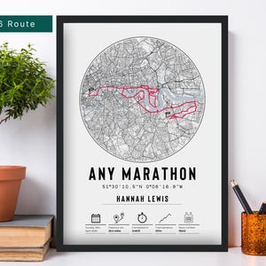 Elke marathon of race 2026 | Gepersonaliseerde finisherskaart viering print loper Manchester Londen Brighton Parijs Berlijn heden
