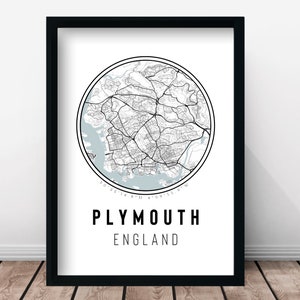 Plymouth hochdetaillierte minimalistische Stadt Karte Print & Rahmen | Schenken Sie Ihm Ihr Schwarz Weiß Grau Traveller Wohnkultur England UK Design Urlaub