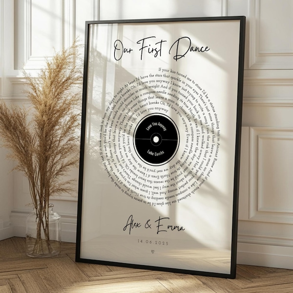 Personalised Vinyl Lyric Anniversary Wedding Print Frame & Gift | Our First Dance Song Couples Custom Text Lyrics Decor For Her Girlfriend