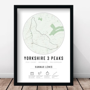 Yorkshire 3 Peaks Personalised Finishers Map Print & Frame Gift | Three Walk Hike Celebration Present Pen-y-ghent Whernside Ingleborough